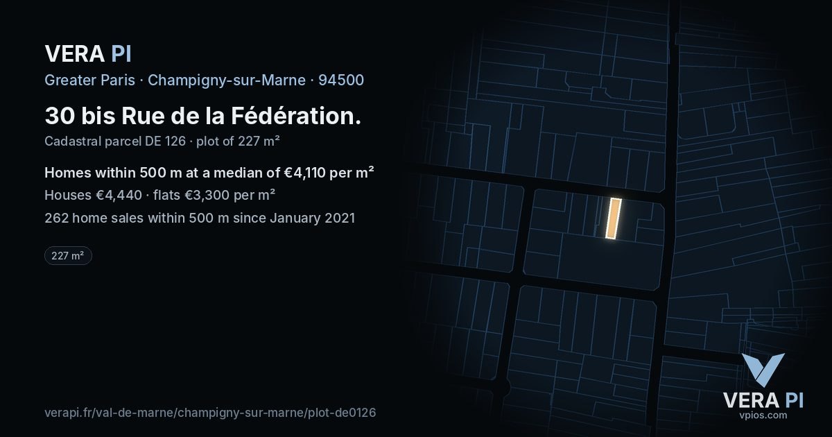 30 bis Rue de la Fédération, Champigny-sur-Marne at night – the plot lit, the parcels around coloured by the prices near them