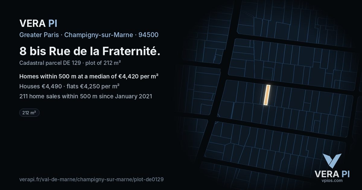 8 bis Rue de la Fraternité, Champigny-sur-Marne at night – the plot lit, the parcels around coloured by the prices near them