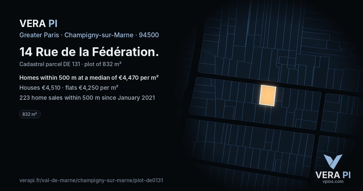14 Rue de la Fédération, Champigny-sur-Marne at night – the plot lit, the parcels around coloured by the prices near them