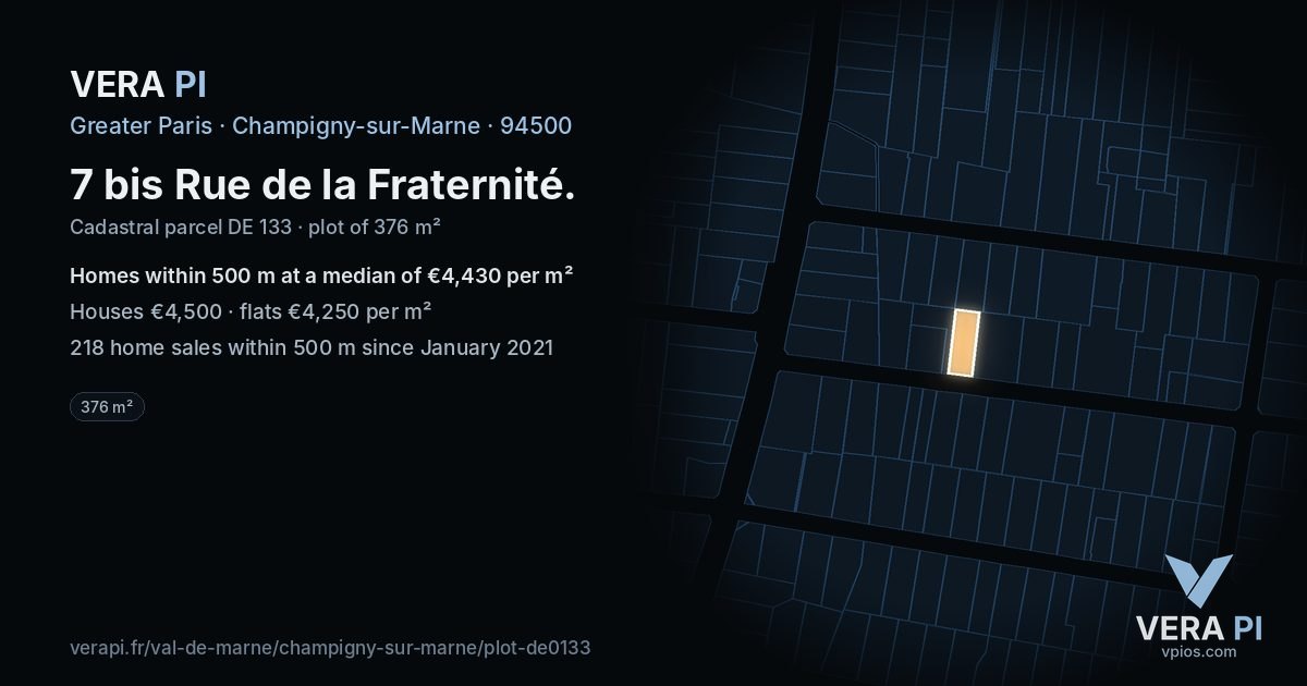 7 bis Rue de la Fraternité, Champigny-sur-Marne at night – the plot lit, the parcels around coloured by the prices near them