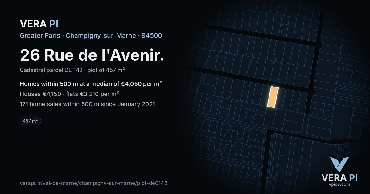 26 Rue de l'Avenir, Champigny-sur-Marne at night – the plot lit, the parcels around coloured by the prices near them