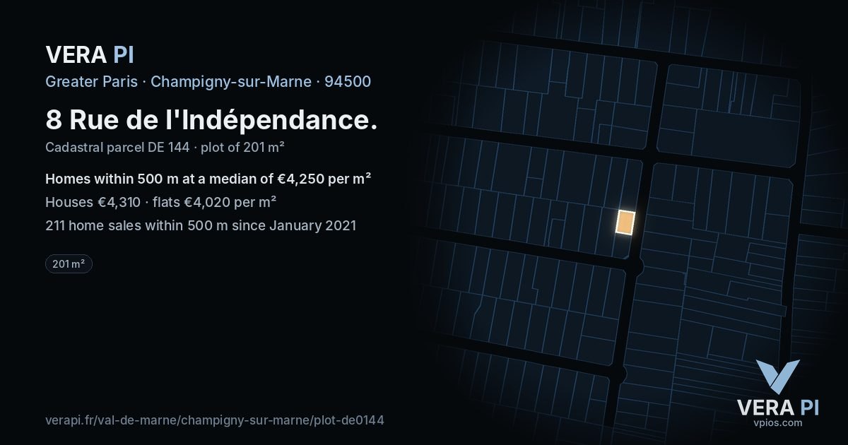 8 Rue de l'Indépendance, Champigny-sur-Marne at night – the plot lit, the parcels around coloured by the prices near them
