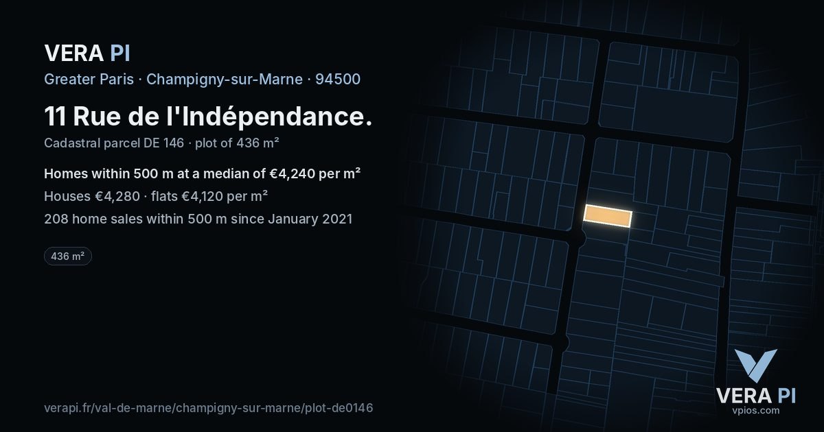 11 Rue de l'Indépendance, Champigny-sur-Marne at night – the plot lit, the parcels around coloured by the prices near them