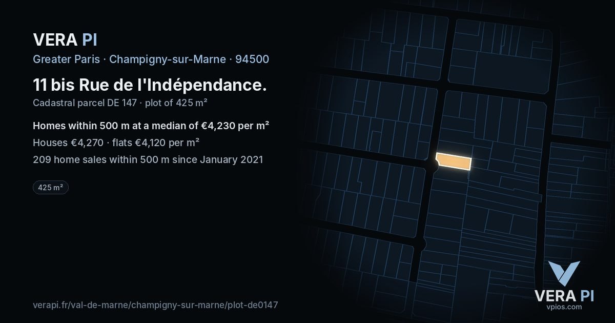 11 bis Rue de l'Indépendance, Champigny-sur-Marne at night – the plot lit, the parcels around coloured by the prices near them