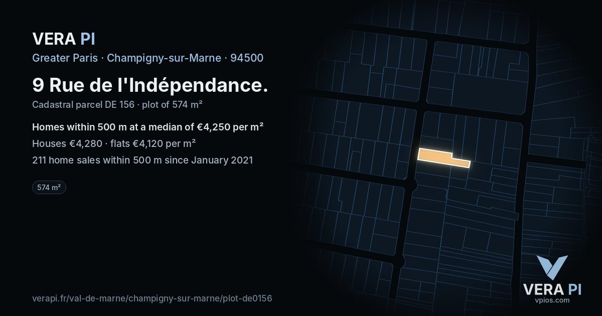 9 Rue de l'Indépendance, Champigny-sur-Marne at night – the plot lit, the parcels around coloured by the prices near them