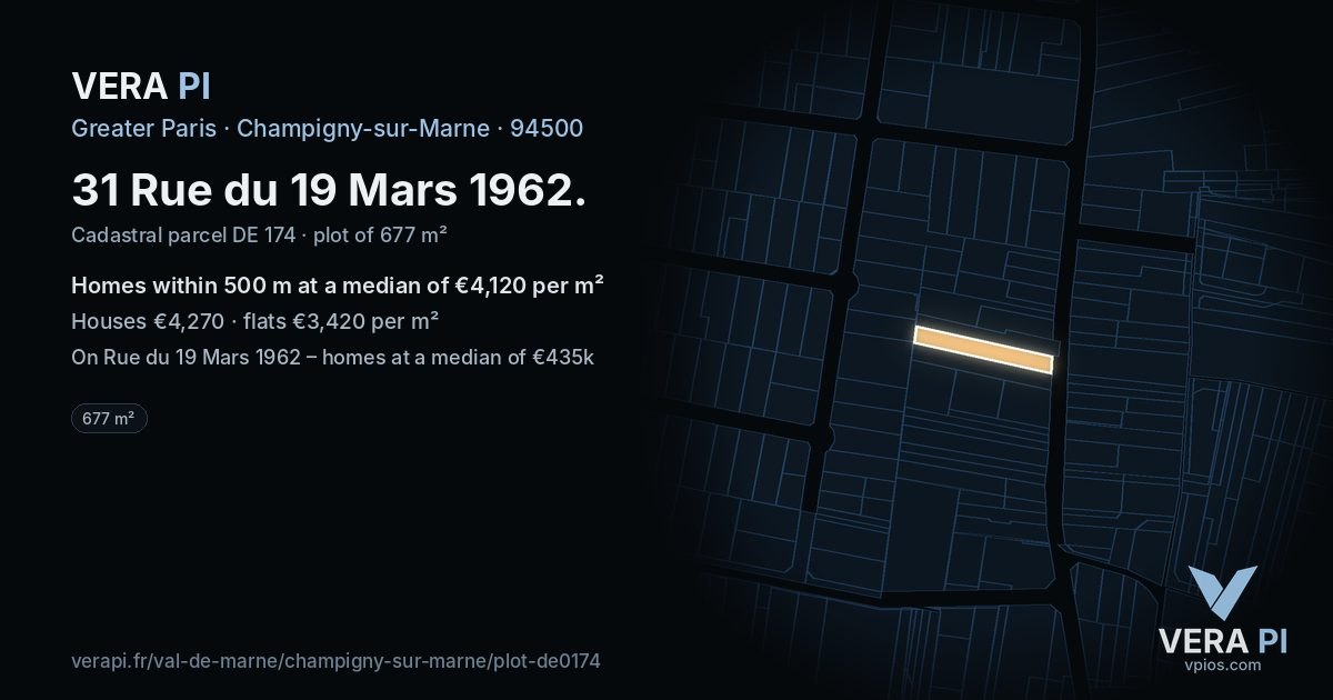 31 Rue du 19 Mars 1962, Champigny-sur-Marne at night – the plot lit, the parcels around coloured by the prices near them