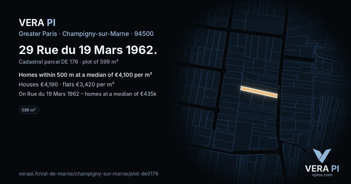 29 Rue du 19 Mars 1962, Champigny-sur-Marne at night – the plot lit, the parcels around coloured by the prices near them