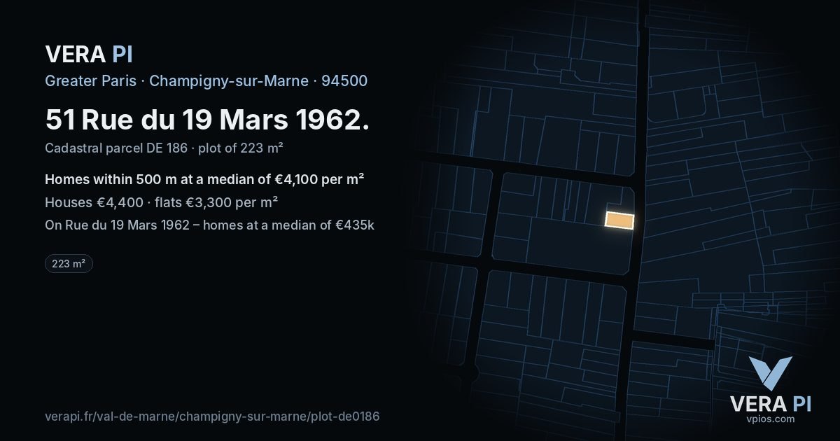 51 Rue du 19 Mars 1962, Champigny-sur-Marne at night – the plot lit, the parcels around coloured by the prices near them