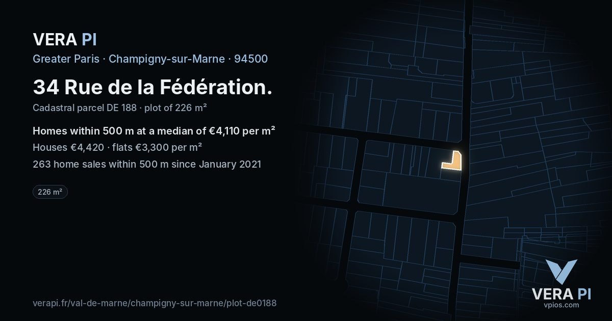 34 Rue de la Fédération, Champigny-sur-Marne at night – the plot lit, the parcels around coloured by the prices near them