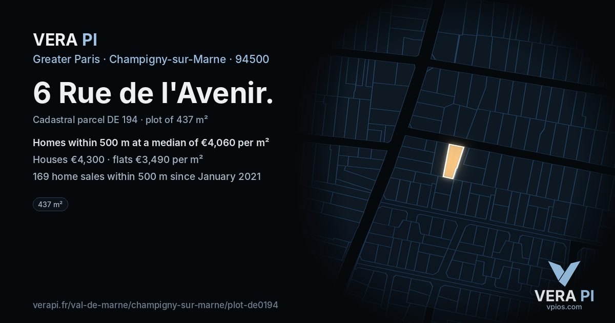 6 Rue de l'Avenir, Champigny-sur-Marne at night – the plot lit, the parcels around coloured by the prices near them