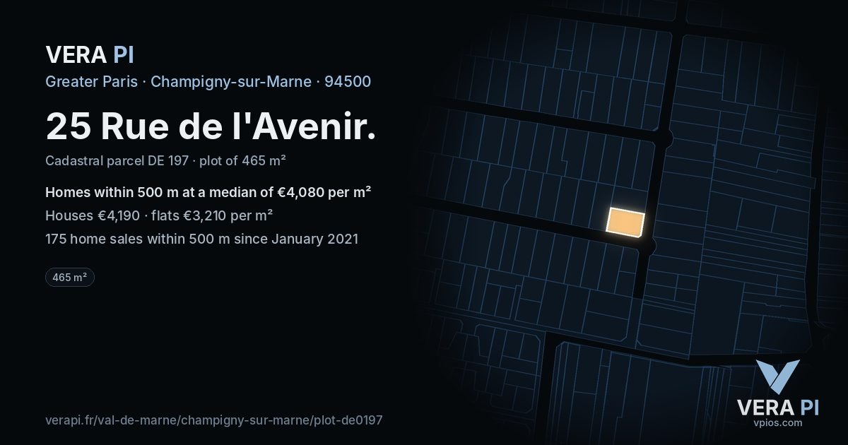 25 Rue de l'Avenir, Champigny-sur-Marne at night – the plot lit, the parcels around coloured by the prices near them
