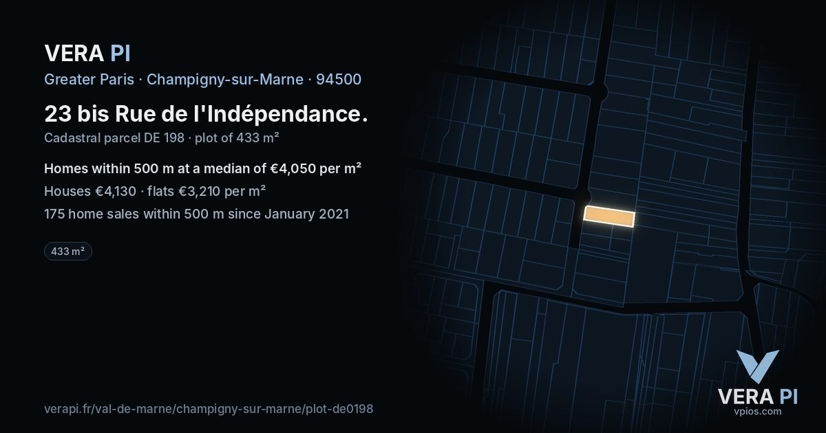 23 bis Rue de l'Indépendance, Champigny-sur-Marne at night – the plot lit, the parcels around coloured by the prices near them