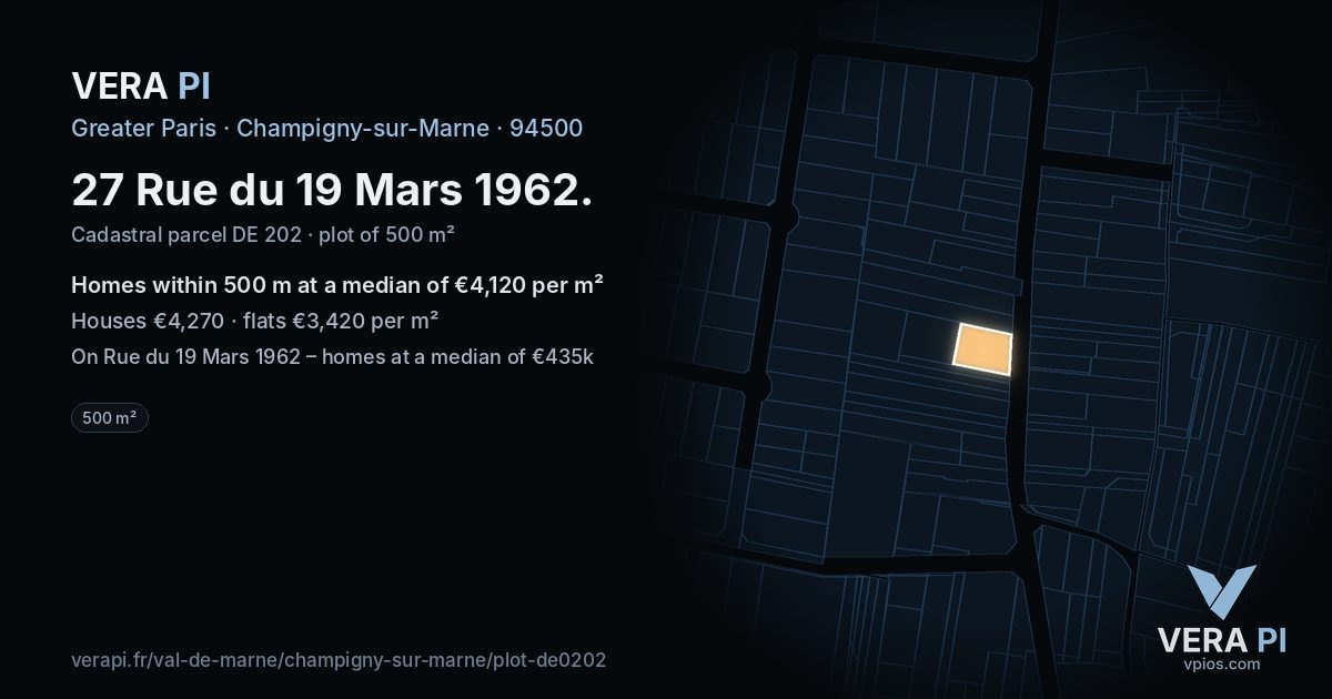 27 Rue du 19 Mars 1962, Champigny-sur-Marne at night – the plot lit, the parcels around coloured by the prices near them
