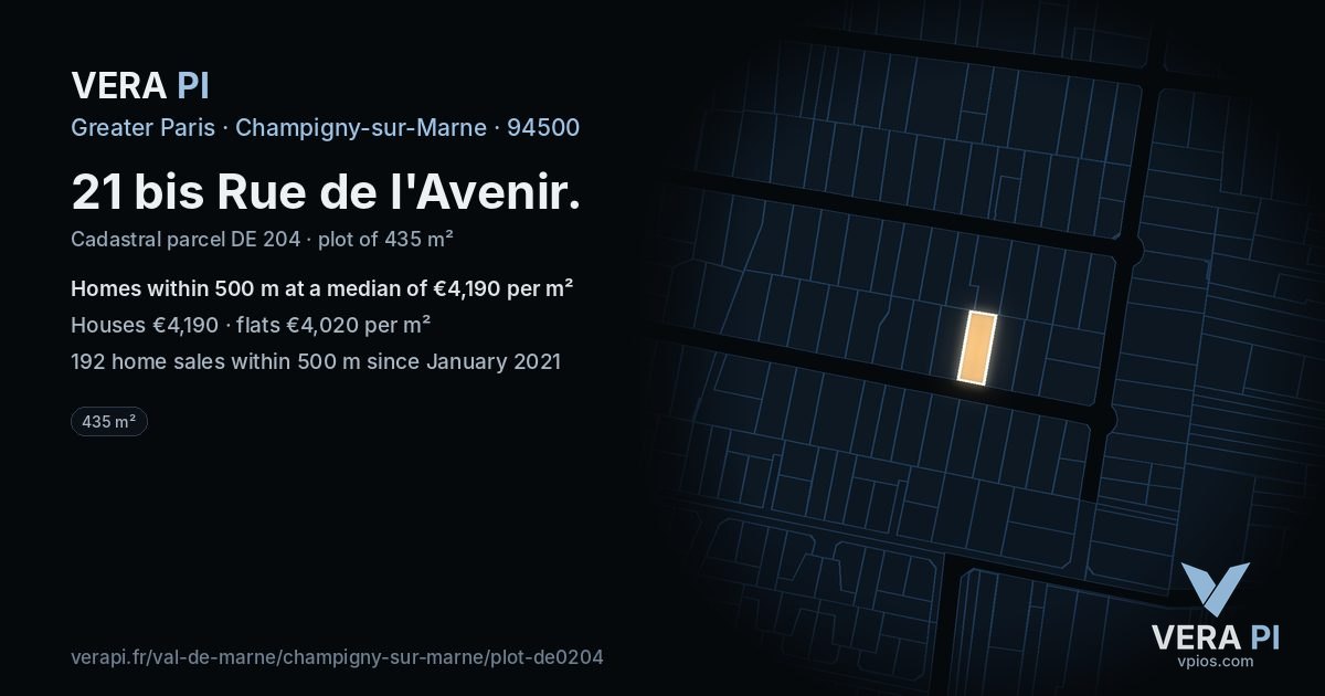 21 bis Rue de l'Avenir, Champigny-sur-Marne at night – the plot lit, the parcels around coloured by the prices near them