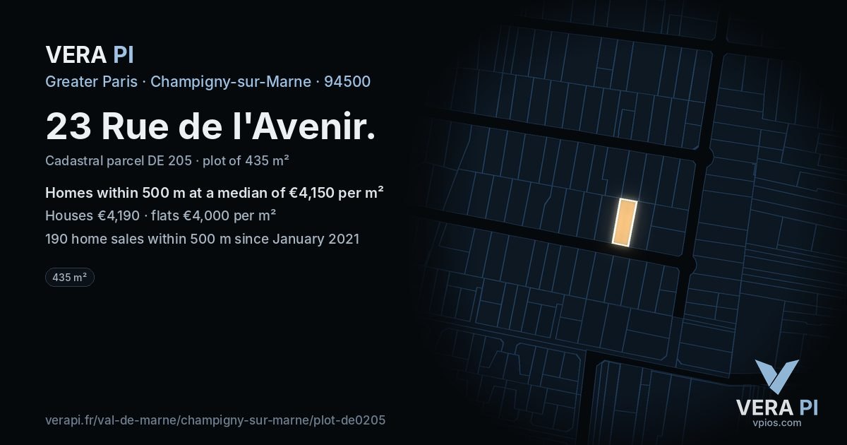 23 Rue de l'Avenir, Champigny-sur-Marne at night – the plot lit, the parcels around coloured by the prices near them