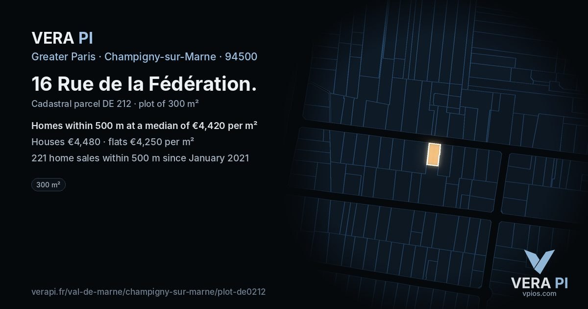 16 Rue de la Fédération, Champigny-sur-Marne at night – the plot lit, the parcels around coloured by the prices near them