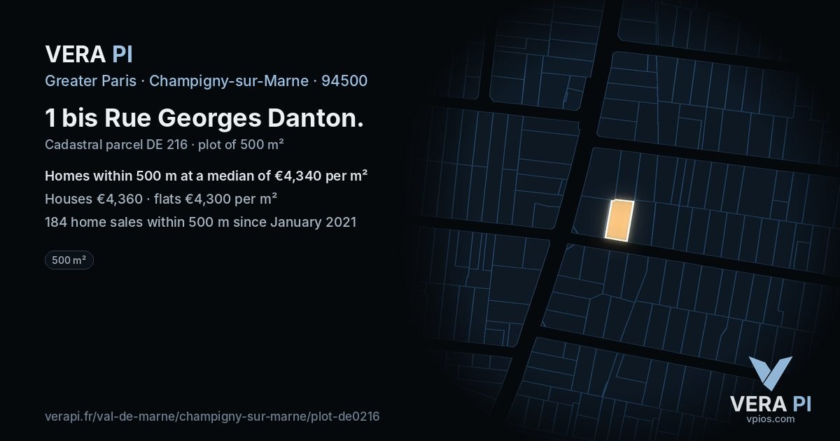 1 bis Rue Georges Danton, Champigny-sur-Marne at night – the plot lit, the parcels around coloured by the prices near them