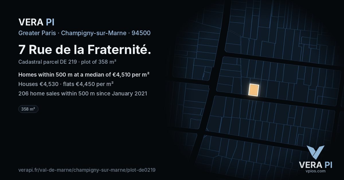 7 Rue de la Fraternité, Champigny-sur-Marne at night – the plot lit, the parcels around coloured by the prices near them