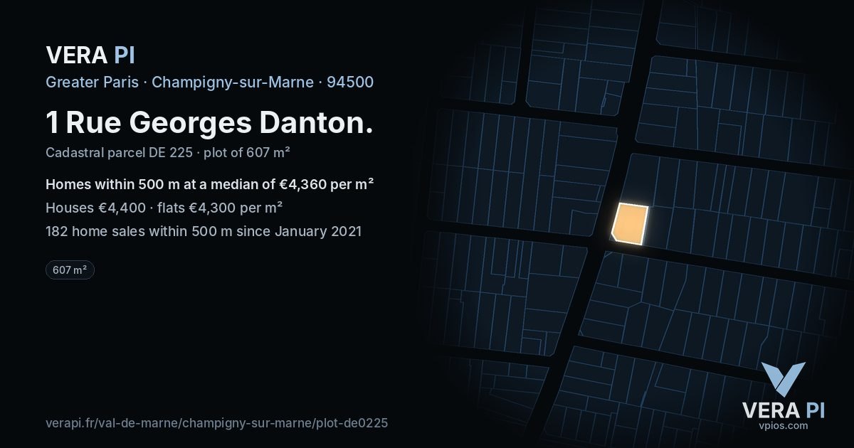 1 Rue Georges Danton, Champigny-sur-Marne at night – the plot lit, the parcels around coloured by the prices near them