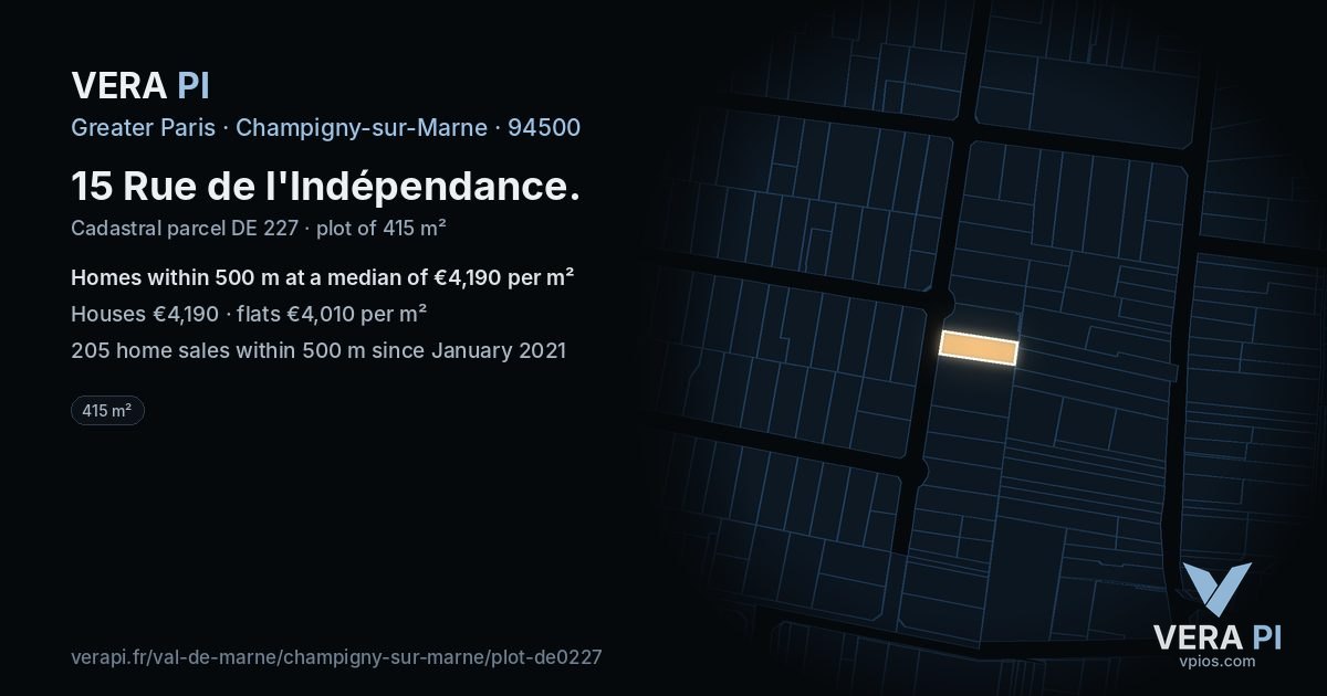 15 Rue de l'Indépendance, Champigny-sur-Marne at night – the plot lit, the parcels around coloured by the prices near them