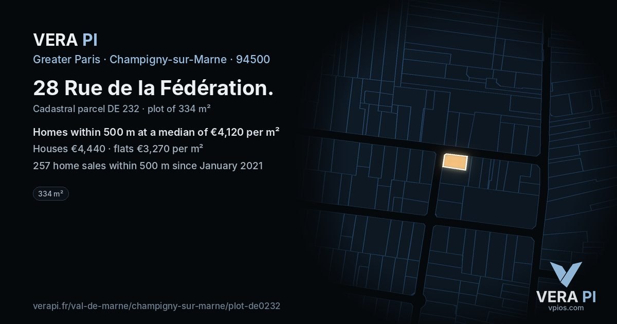 28 Rue de la Fédération, Champigny-sur-Marne at night – the plot lit, the parcels around coloured by the prices near them