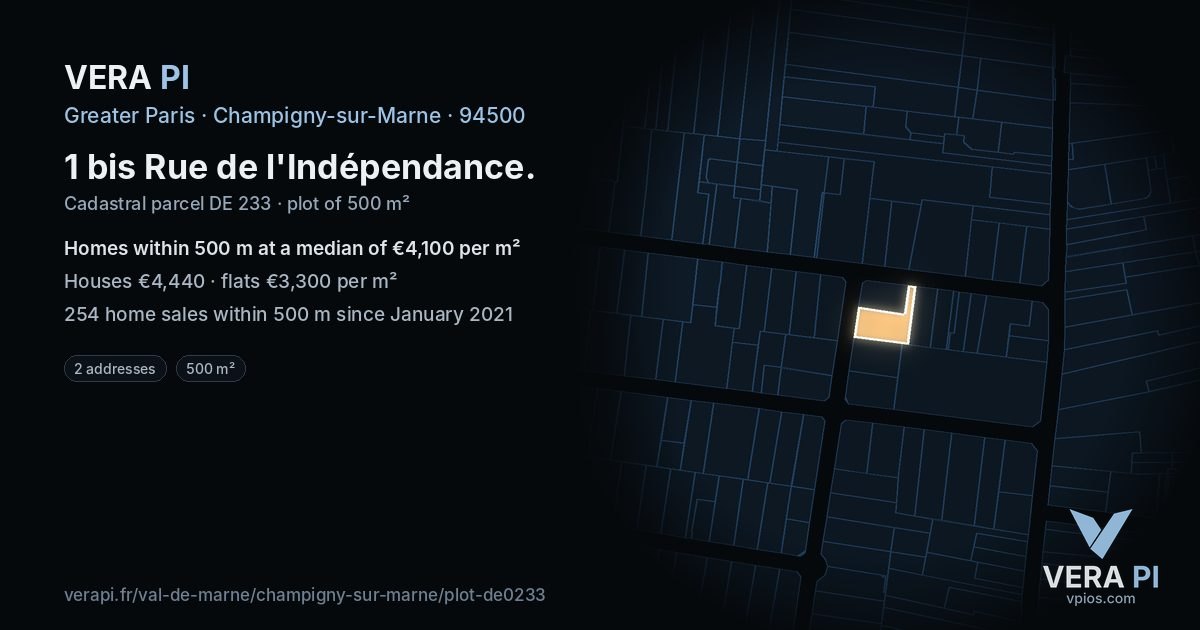 1 bis Rue de l'Indépendance, Champigny-sur-Marne at night – the plot lit, the parcels around coloured by the prices near them