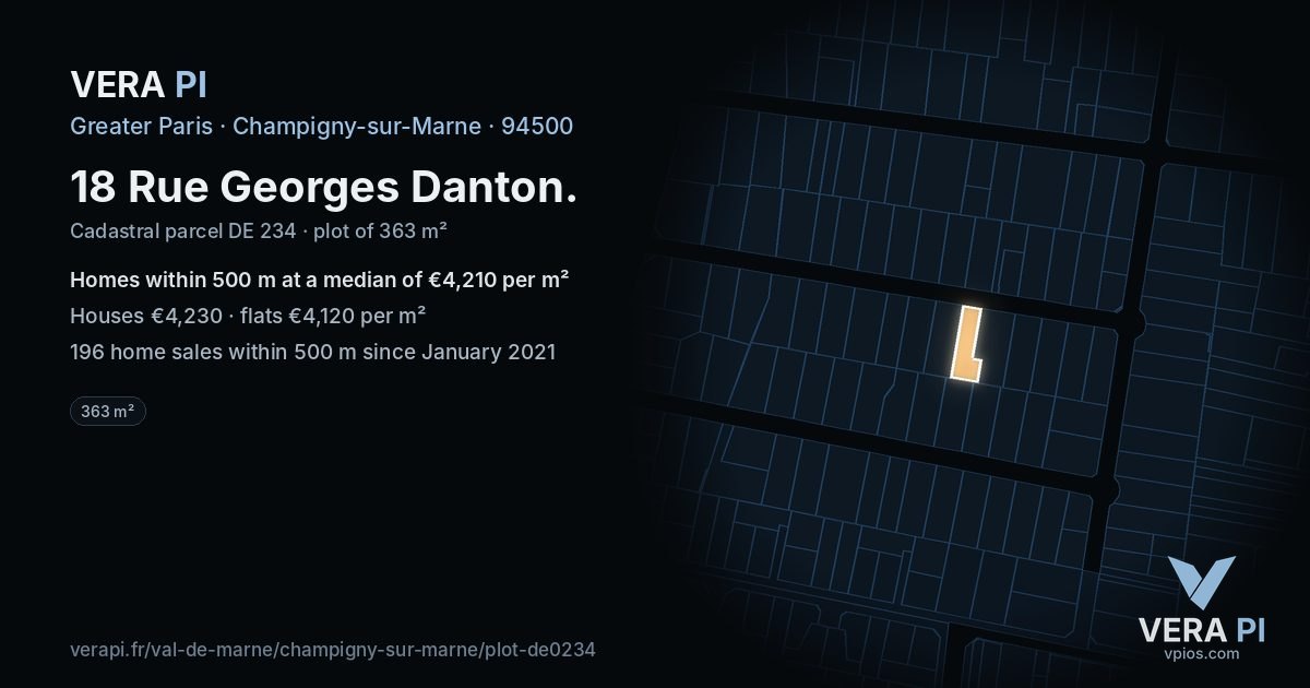 18 Rue Georges Danton, Champigny-sur-Marne at night – the plot lit, the parcels around coloured by the prices near them