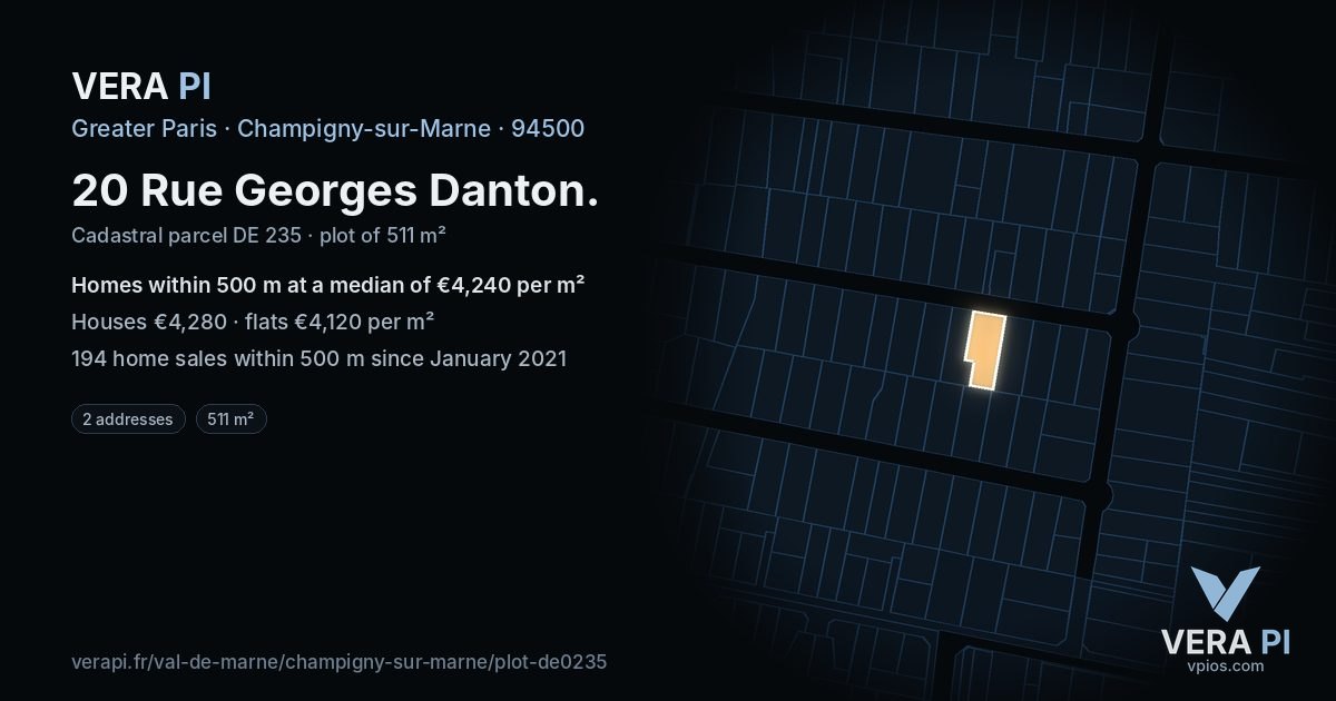 20 Rue Georges Danton, Champigny-sur-Marne at night – the plot lit, the parcels around coloured by the prices near them