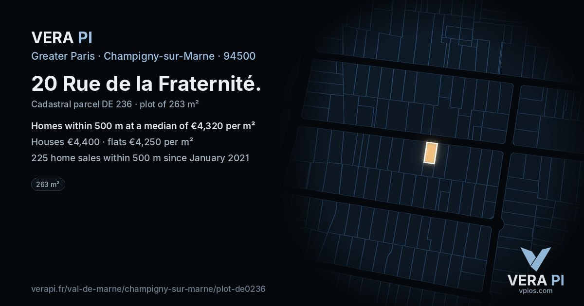20 Rue de la Fraternité, Champigny-sur-Marne at night – the plot lit, the parcels around coloured by the prices near them