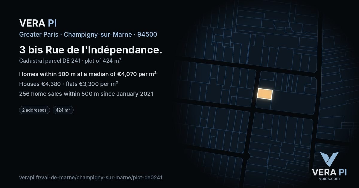 3 bis Rue de l'Indépendance, Champigny-sur-Marne at night – the plot lit, the parcels around coloured by the prices near them