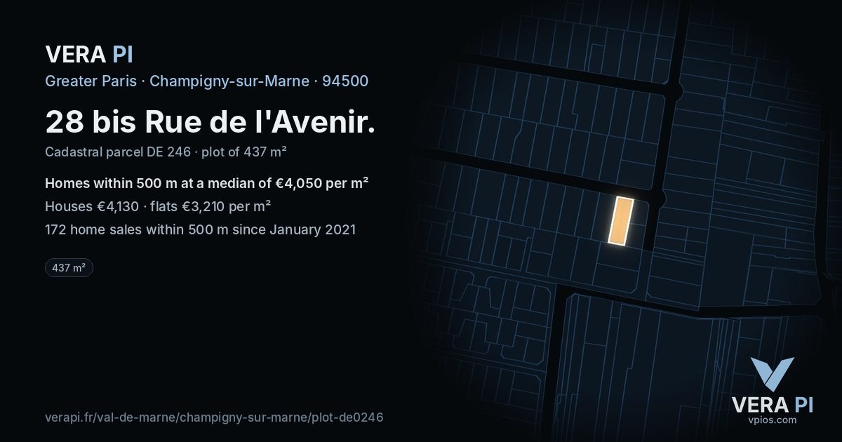 28 bis Rue de l'Avenir, Champigny-sur-Marne at night – the plot lit, the parcels around coloured by the prices near them