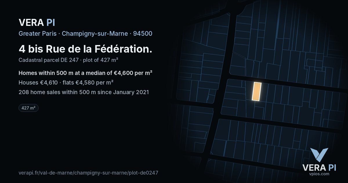 4 bis Rue de la Fédération, Champigny-sur-Marne at night – the plot lit, the parcels around coloured by the prices near them