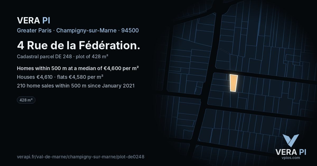 4 Rue de la Fédération, Champigny-sur-Marne at night – the plot lit, the parcels around coloured by the prices near them