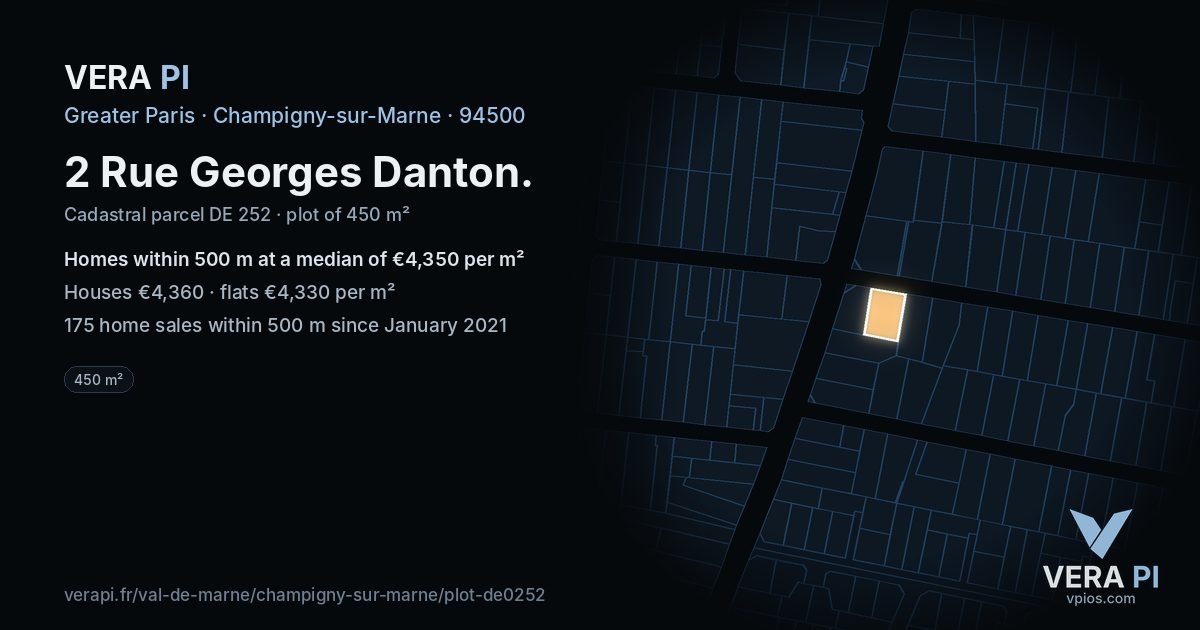 2 Rue Georges Danton, Champigny-sur-Marne at night – the plot lit, the parcels around coloured by the prices near them