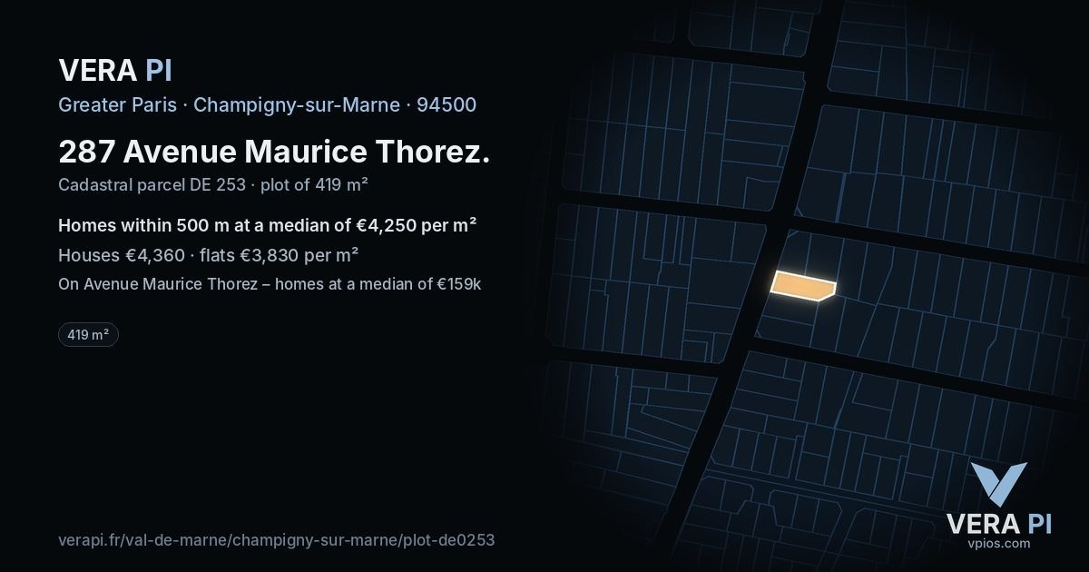 287 Avenue Maurice Thorez, Champigny-sur-Marne at night – the plot lit, the parcels around coloured by the prices near them