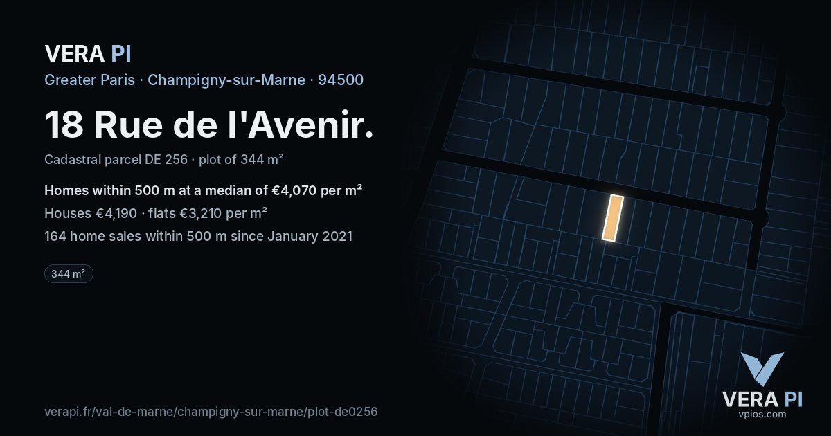 18 Rue de l'Avenir, Champigny-sur-Marne at night – the plot lit, the parcels around coloured by the prices near them