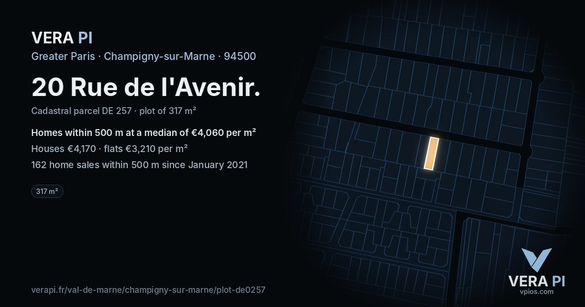 20 Rue de l'Avenir, Champigny-sur-Marne at night – the plot lit, the parcels around coloured by the prices near them