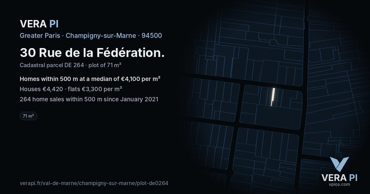 30 Rue de la Fédération, Champigny-sur-Marne at night – the plot lit, the parcels around coloured by the prices near them