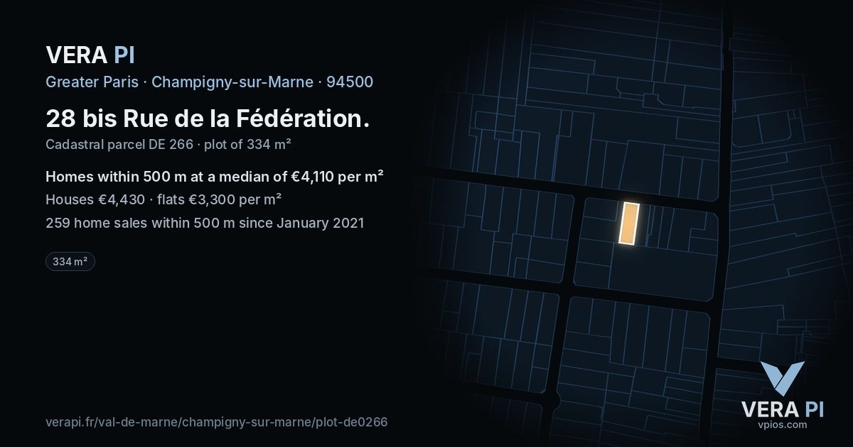 28 bis Rue de la Fédération, Champigny-sur-Marne at night – the plot lit, the parcels around coloured by the prices near them