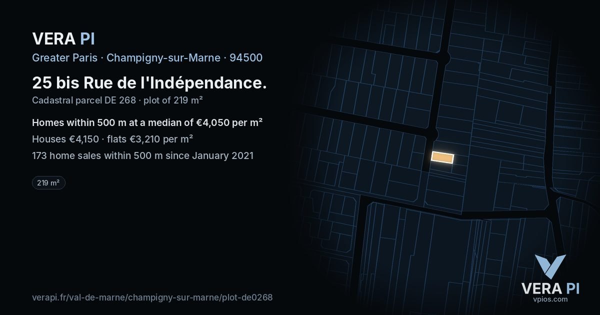 25 bis Rue de l'Indépendance, Champigny-sur-Marne at night – the plot lit, the parcels around coloured by the prices near them