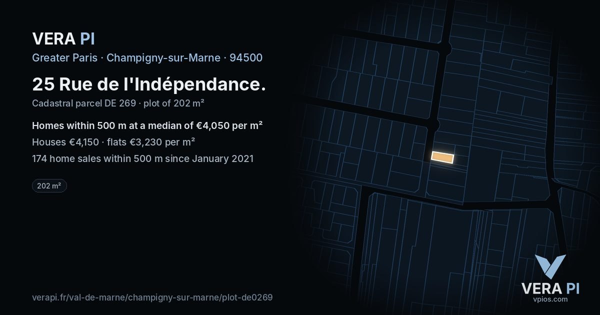 25 Rue de l'Indépendance, Champigny-sur-Marne at night – the plot lit, the parcels around coloured by the prices near them