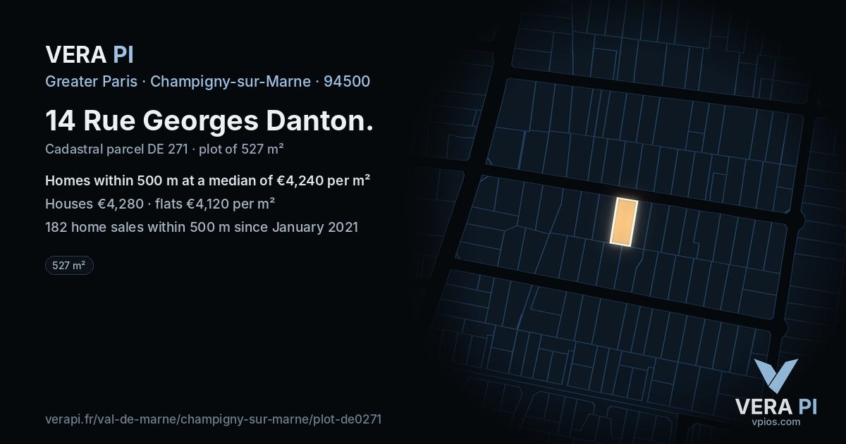 14 Rue Georges Danton, Champigny-sur-Marne at night – the plot lit, the parcels around coloured by the prices near them