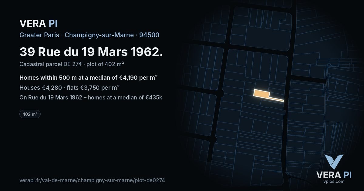 39 Rue du 19 Mars 1962, Champigny-sur-Marne at night – the plot lit, the parcels around coloured by the prices near them