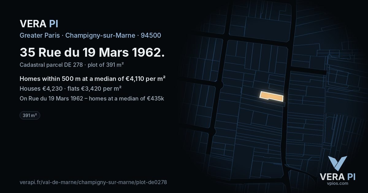 35 Rue du 19 Mars 1962, Champigny-sur-Marne at night – the plot lit, the parcels around coloured by the prices near them