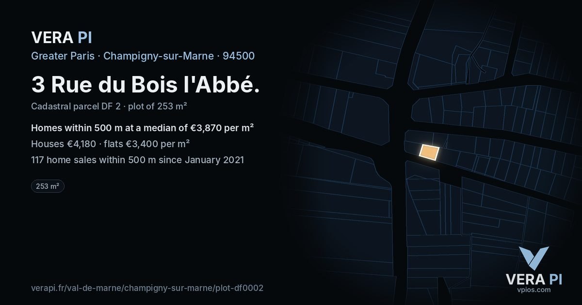 3 Rue du Bois l'Abbé, Champigny-sur-Marne at night – the plot lit, the parcels around coloured by the prices near them