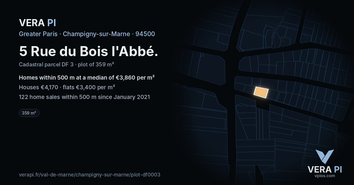 5 Rue du Bois l'Abbé, Champigny-sur-Marne at night – the plot lit, the parcels around coloured by the prices near them