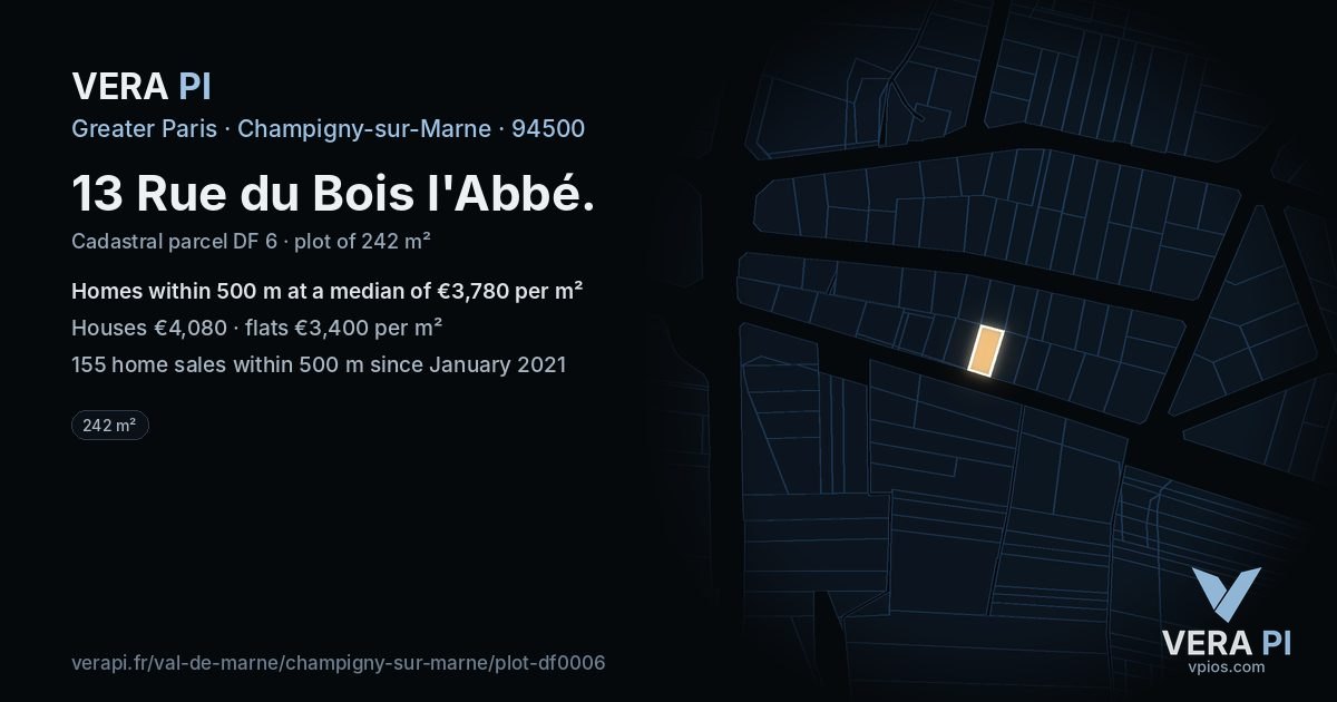13 Rue du Bois l'Abbé, Champigny-sur-Marne at night – the plot lit, the parcels around coloured by the prices near them