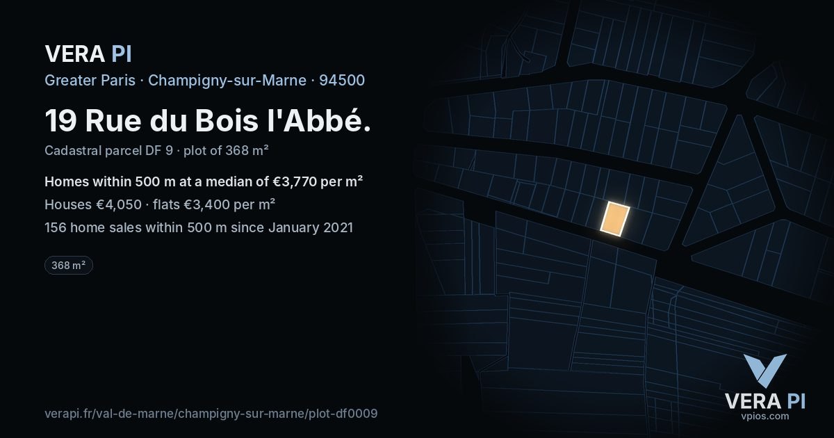 19 Rue du Bois l'Abbé, Champigny-sur-Marne at night – the plot lit, the parcels around coloured by the prices near them