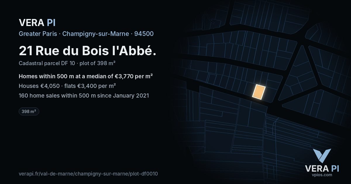 21 Rue du Bois l'Abbé, Champigny-sur-Marne at night – the plot lit, the parcels around coloured by the prices near them
