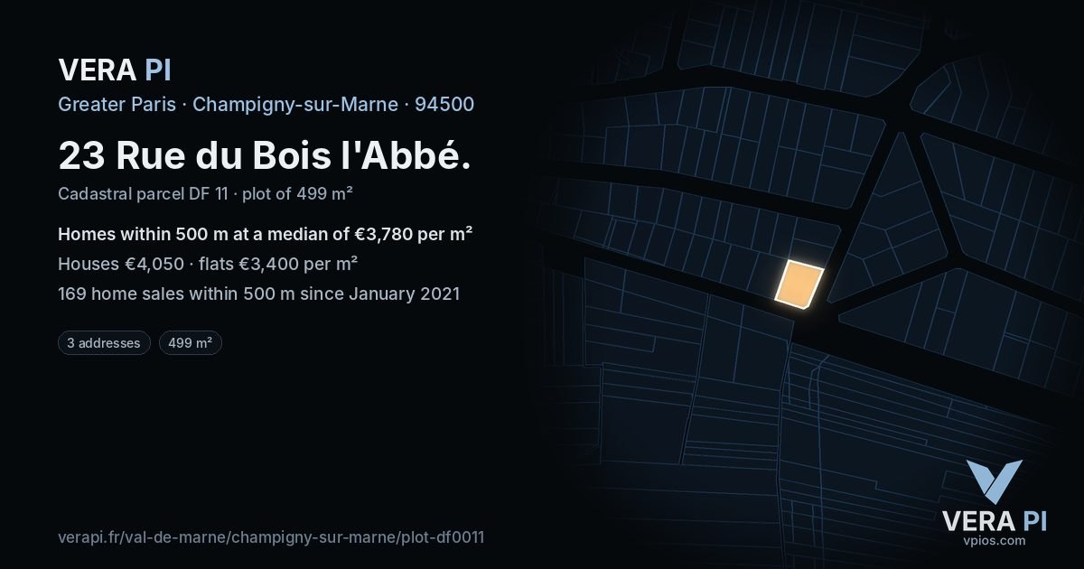 23 Rue du Bois l'Abbé, Champigny-sur-Marne at night – the plot lit, the parcels around coloured by the prices near them